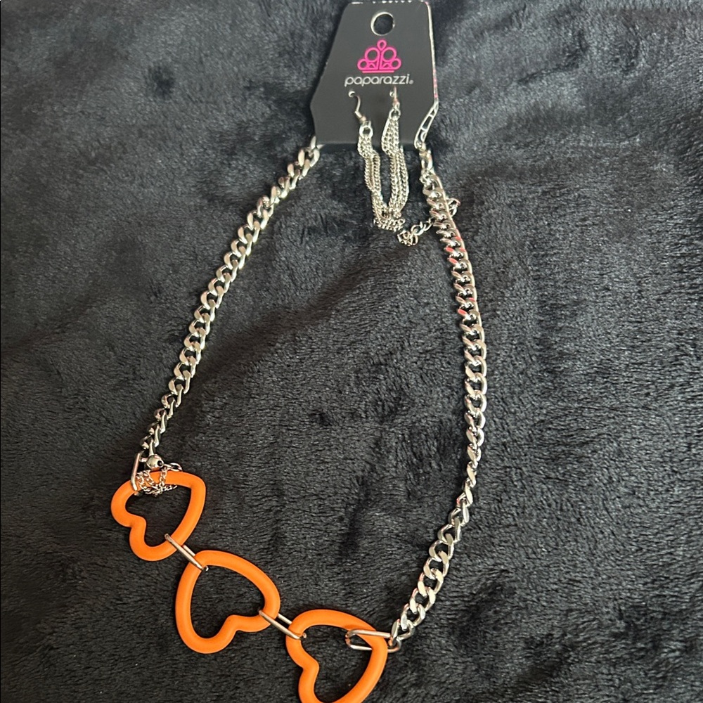 paparazzi Silver-Tone Chain Necklace with Orange Heart Links